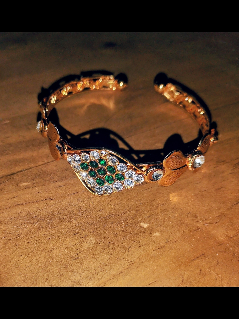 Gold-Tone Crystal Leaf Cuff Bracelet with Green Accents